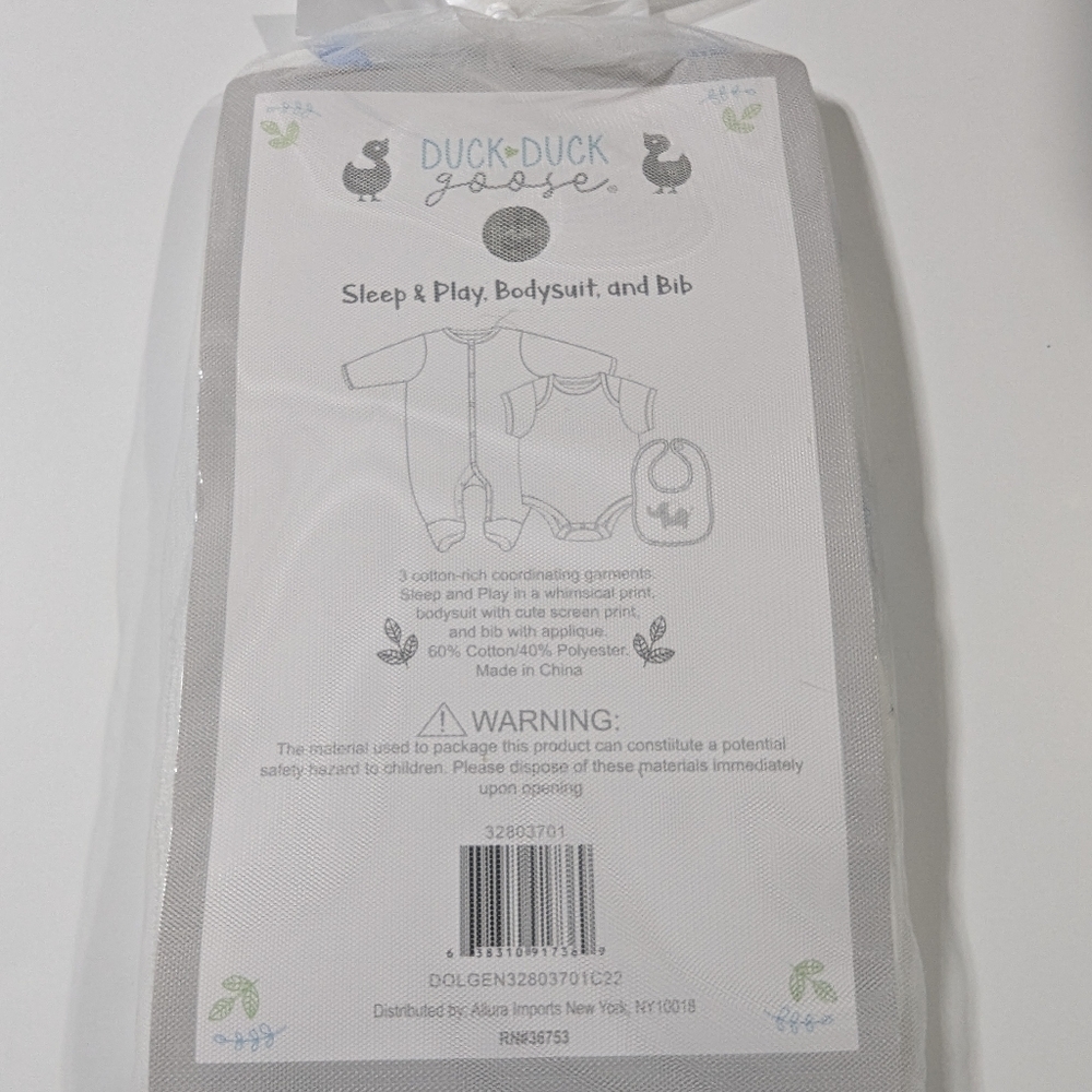 Duck Duck Goose Baby Sleep And Play Bodysuit Set And Bib - Size 3-6 Months - Picture 4 of 6